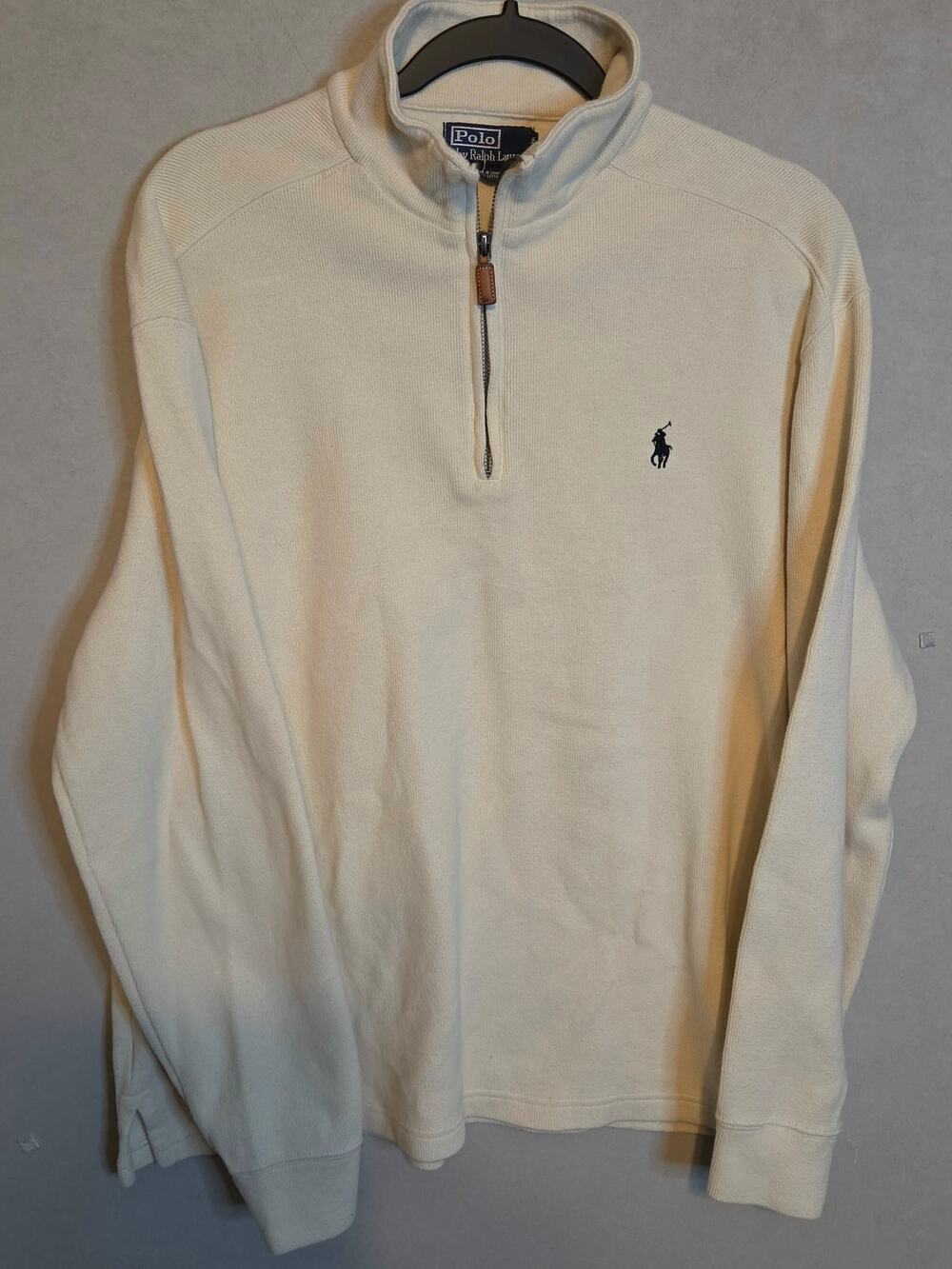 Polo Ralph Laren cream quarter-zip pullover sweater pony logo leather pull L